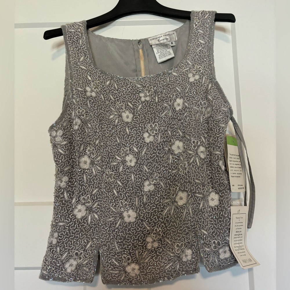 Adrianna Papell 100% Silk beaded evening top nwt size‎ 8 MSRP $198 Handmade